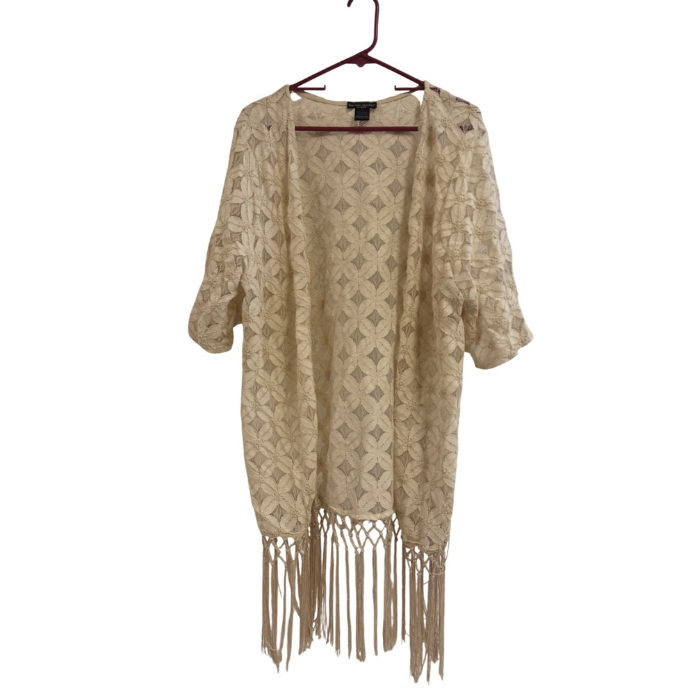 See You Monday Cream Floral Lace Fringe Kimono Cardigan Open Front Wrap Large